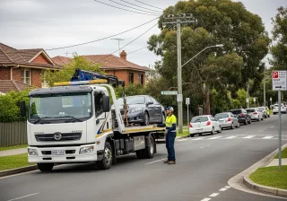 Mascot towing service assisting a broken-down car