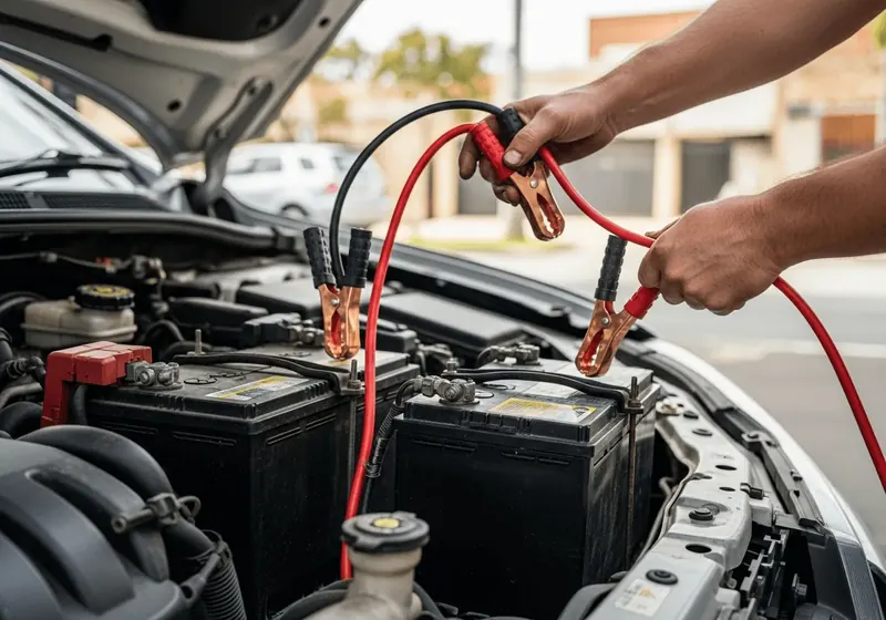 Jumper cables clamped to a car battery under an open bonnet