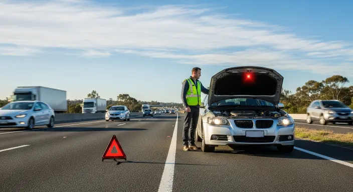Driver preparing to transport a broken car safely after a roadside breakdown