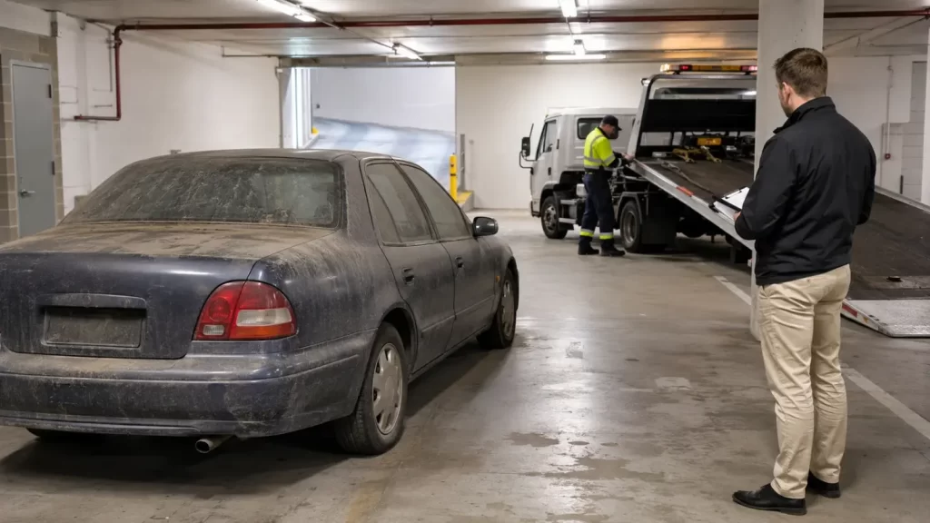 Abandoned vehicle strata NSW being inspected in a basement car park while a towing operator prepares equipment for safe, authorised vehicle removal work