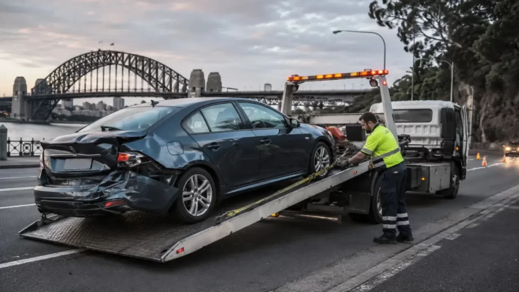 Accident-damaged sedan being loaded onto a tilt tray tow truck in Sydney