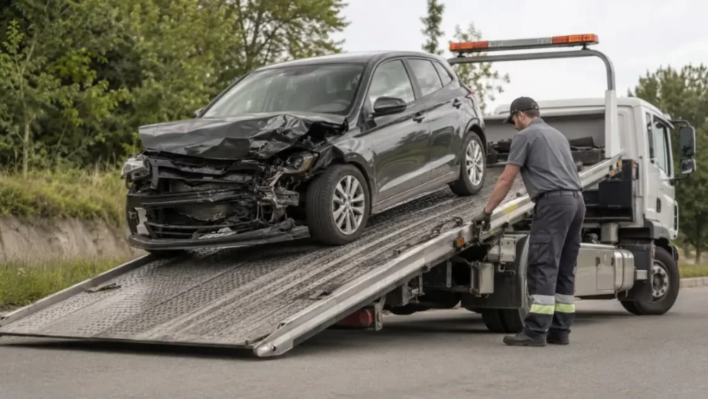 Accident-damaged vehicle being loaded onto a tilt tray tow truck