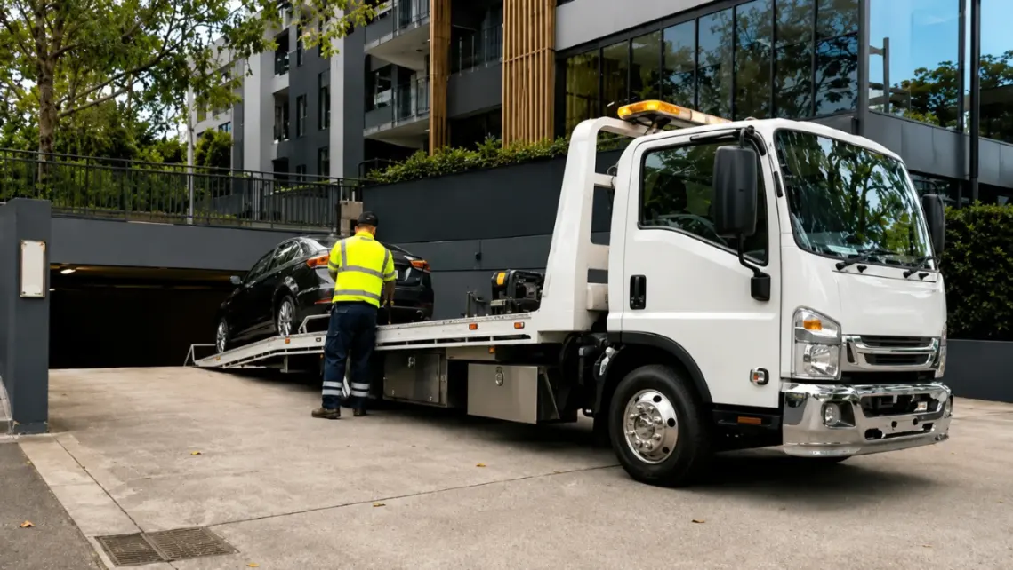 Low clearance towing Sydney truck loading a black car from a basement parking exit near an apartment building