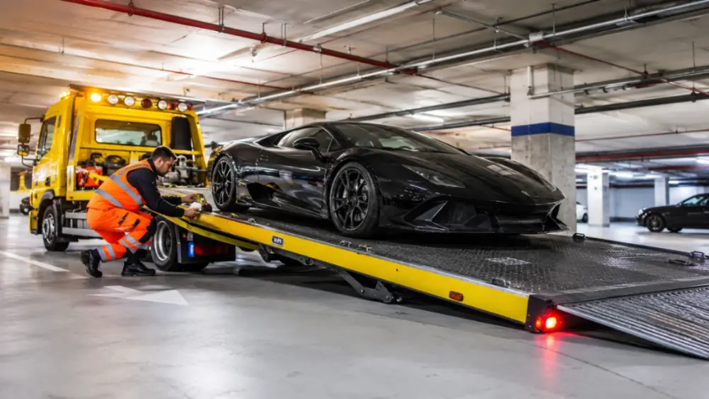 Luxury car towing in underground car park using a flatbed tow truck