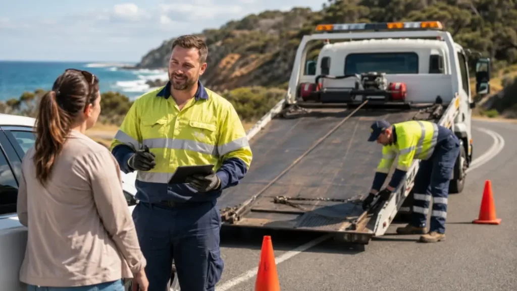 Professional tow truck driver assisting a motorist and preparing towing equipment on an Australian roadside