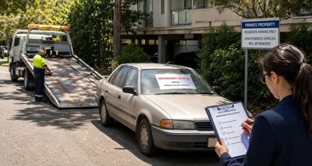 A strata manager documents an abandoned car outside a Sydney apartment complex during an authorised abandoned vehicle strata NSW removal process on site.