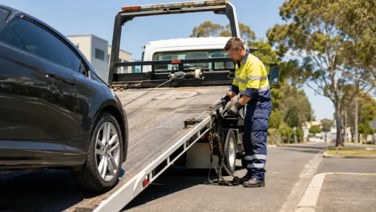 Tow truck driver career professional loading a vehicle onto a tilt tray truck in Australia