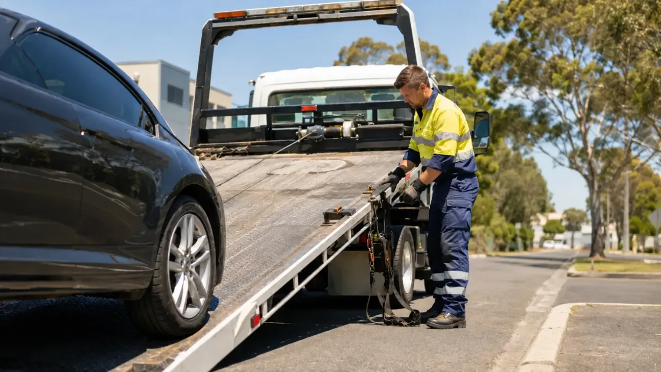 Tow truck driver career professional loading a vehicle onto a tilt tray truck in Australia