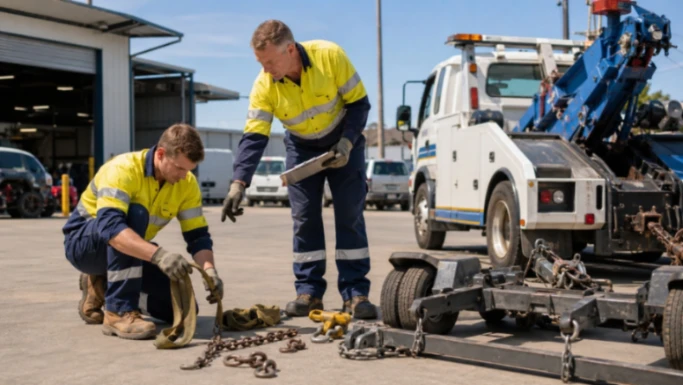 Trainee tow truck driver learning equipment checks at an Australian towing depot