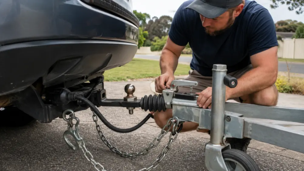 Driver checking tow bar, safety chains and trailer connection before towing, showing safe practice for towing laws Australia.