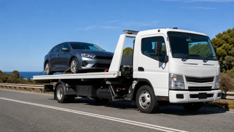 Tow truck safely towing a car on an Australian road, showing proper vehicle towing equipment for towing laws Australia.