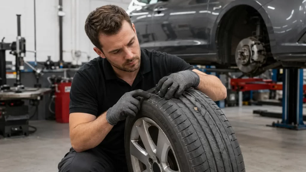 Mechanic inspecting a run flat tyre for possible repair
