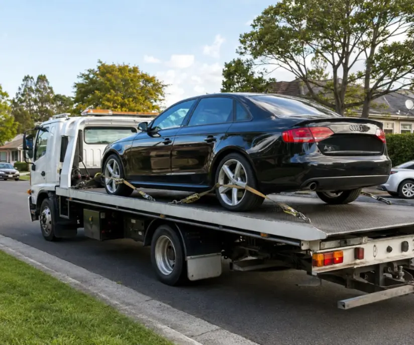 Audi A4 on a tilt tray tow truck