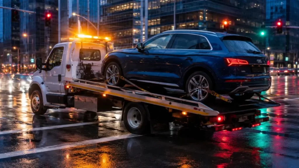 Audi towing Sydney at night