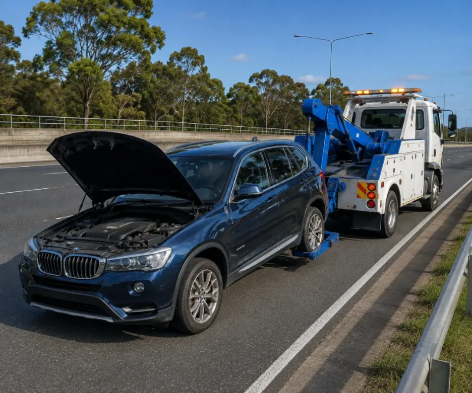 BMW being towed after breakdown