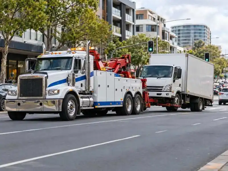 Truck loaded on a tilt tray tow truck